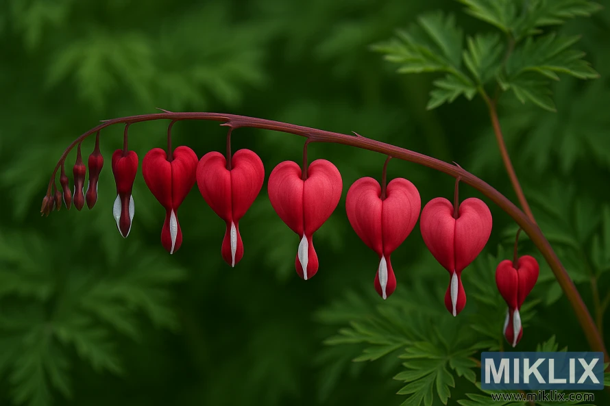 ముదురు ఎరుపు రంగు హృదయాకారపు పువ్వులతో కూడిన వాలెంటైన్ బ్లీడింగ్ హార్ట్, ముదురు వంపుతిరిగిన కాండం నుండి ఫెర్న్ ఆకుపచ్చ ఆకుల మధ్య వేలాడుతూ ఉంటుంది. ముదురు ఎరుపు రంగు హృదయాకారపు పువ్వులతో కూడిన వాలెంటైన్ బ్లీడింగ్ హార్ట్, ముదురు వంపుతిరిగిన కాండం నుండి ఫెర్న్ ఆకుపచ్చ ఆకుల మధ్య వేలాడుతూ ఉంటుంది.