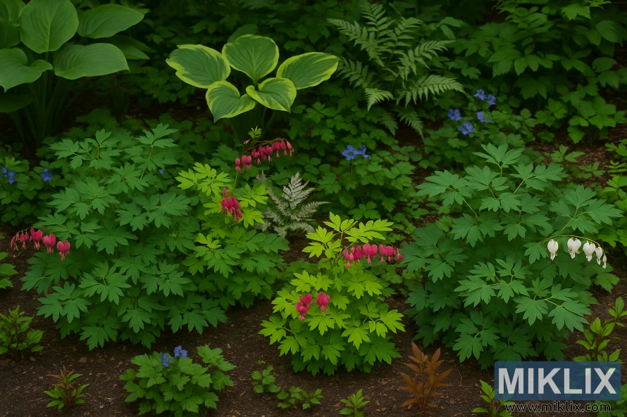 మృదువైన సహజ కాంతిలో హోస్టాస్, ఫెర్న్లు మరియు నీలిరంగు సహచర పువ్వులతో చుట్టుముట్టబడిన గులాబీ, తెలుపు మరియు గులాబీ బ్లీడింగ్ హార్ట్స్తో కూడిన పచ్చని నీడ తోట. మృదువైన సహజ కాంతిలో హోస్టాస్, ఫెర్న్లు మరియు నీలిరంగు సహచర పువ్వులతో చుట్టుముట్టబడిన గులాబీ, తెలుపు మరియు గులాబీ బ్లీడింగ్ హార్ట్స్తో కూడిన పచ్చని నీడ తోట.