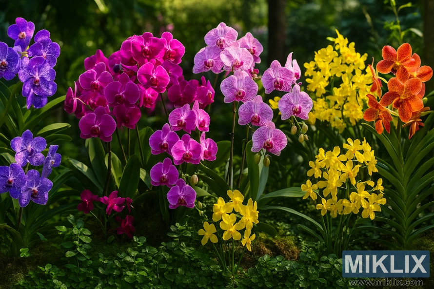 Colorful orchid varieties in full bloom arranged in a sunlit garden with lush green foliage Colorful orchid varieties in full bloom arranged in a sunlit garden with lush green foliage