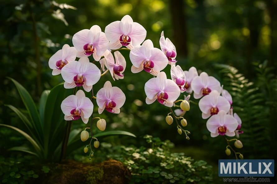 White and pink Phalaenopsis moth orchids blooming on arching stems in a sunlit garden with lush green foliage White and pink Phalaenopsis moth orchids blooming on arching stems in a sunlit garden with lush green foliage