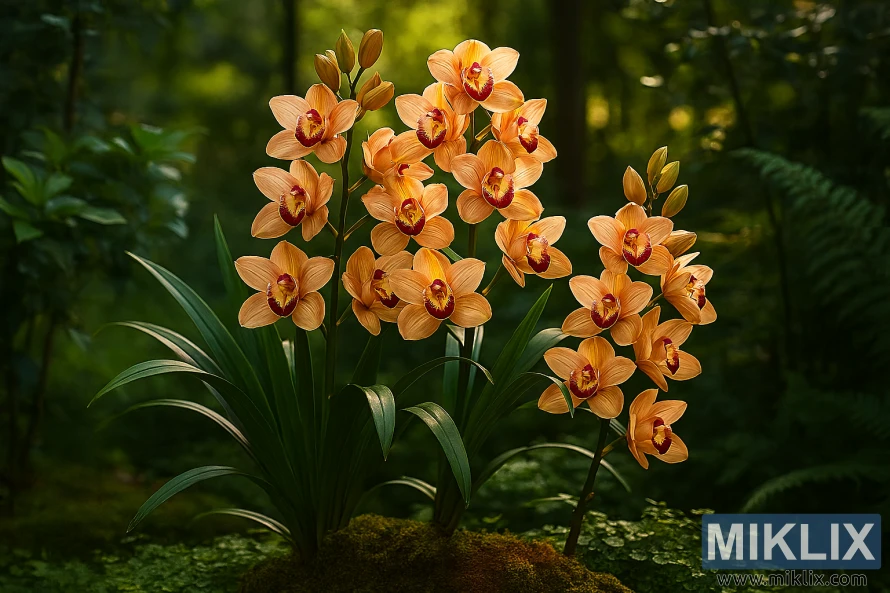 Peach-colored Cymbidium orchids blooming on tall flower spikes in a sunlit garden with lush green foliage Peach-colored Cymbidium orchids blooming on tall flower spikes in a sunlit garden with lush green foliage