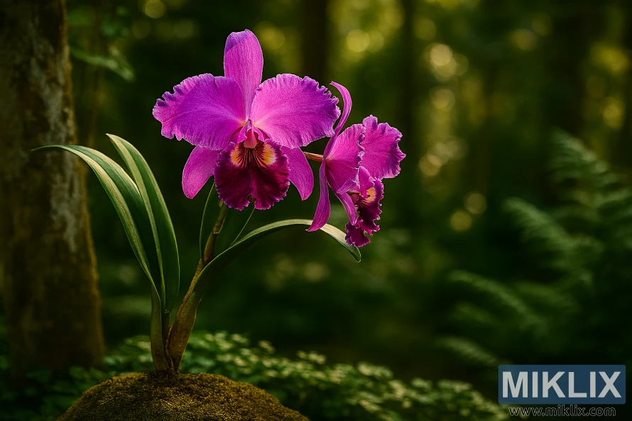 Magenta Cattleya orchid with ruffled petals blooming in a sunlit forest garden with lush green foliage Magenta Cattleya orchid with ruffled petals blooming in a sunlit forest garden with lush green foliage