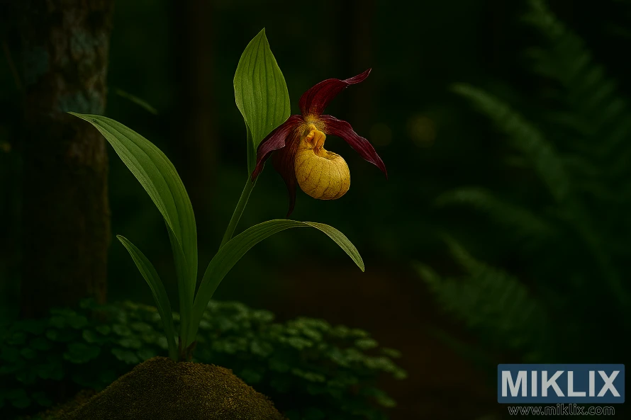 Yellow Lady’s Slipper orchid with maroon petals blooming in a shaded forest garden with moss and ferns Yellow Lady’s Slipper orchid with maroon petals blooming in a shaded forest garden with moss and ferns