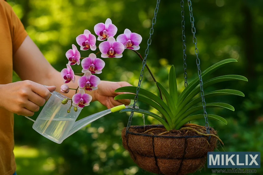 Person watering a pink and white Phalaenopsis orchid in a hanging basket in a sunlit garden Person watering a pink and white Phalaenopsis orchid in a hanging basket in a sunlit garden