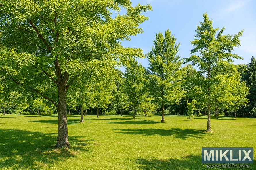 Landscape view of a sunny park with Ginkgo biloba trees and lush green grass