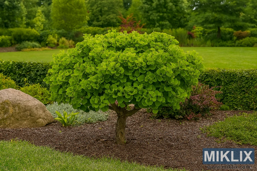 Landscape photo of a Mariken dwarf ginkgo tree with dense, rounded form in a well-maintained garden