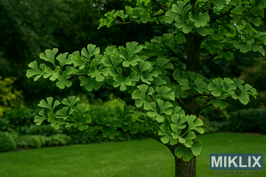 Jade Butterfly ginkgo tree with deeply divided, fan-shaped leaves in a tranquil garden setting