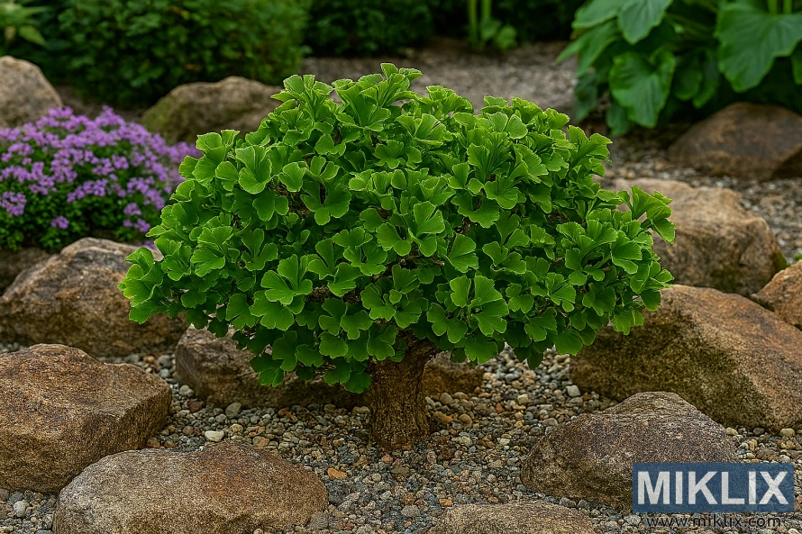 Compact Troll dwarf ginkgo tree with fan-shaped leaves in a rock garden surrounded by stones and creeping thyme