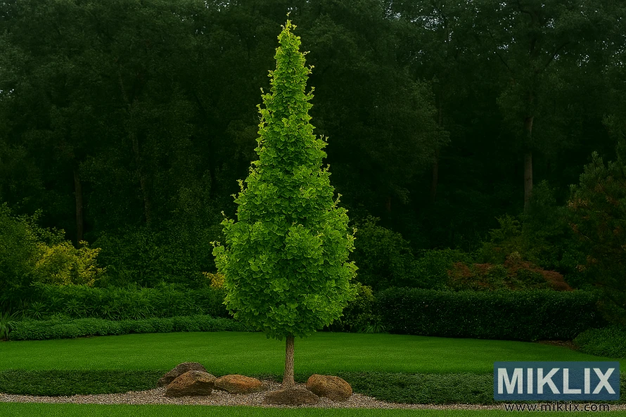 Shangri-La ginkgo tree with pyramidal form and dense green foliage in a landscaped garden