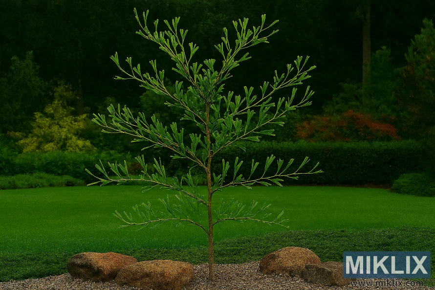 Saratoga ginkgo tree with narrow fishtail-shaped leaves in a landscaped garden