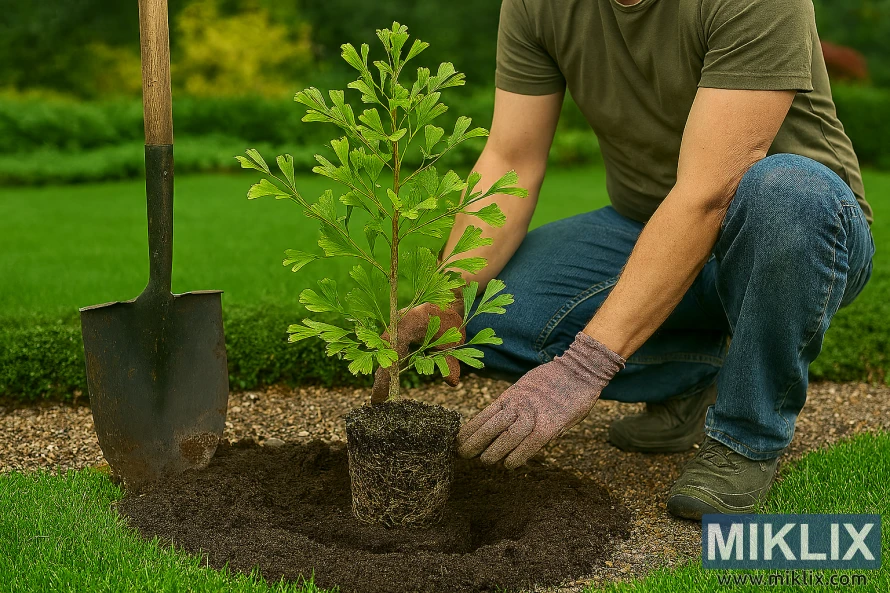 Gardener planting a young ginkgo tree in a garden, demonstrating correct horticultural techniques