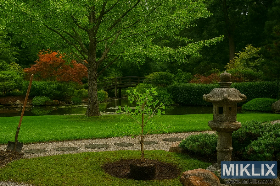 Japanese garden featuring a ginkgo tree, stone lantern, gravel path, and wooden bridge surrounded by lush foliage