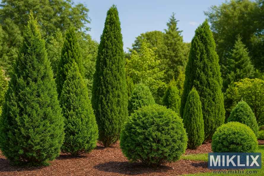 Various Arborvitae cultivars in a landscaped garden with spherical, conical, and columnar forms under a clear blue sky Various Arborvitae cultivars in a landscaped garden with spherical, conical, and columnar forms under a clear blue sky