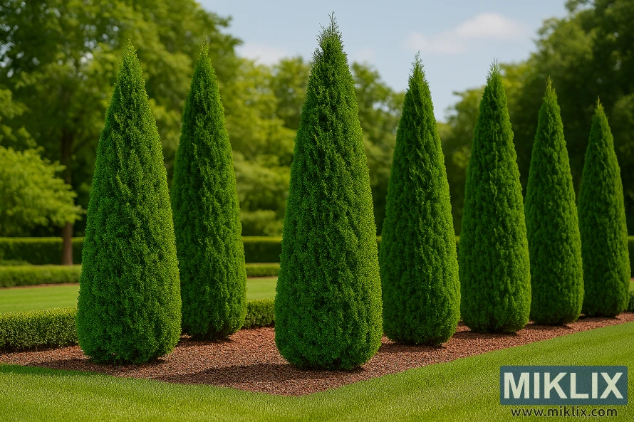 Symmetrical row of Emerald Green Arborvitae trees with compact columnar form in a formal garden setting Symmetrical row of Emerald Green Arborvitae trees with compact columnar form in a formal garden setting