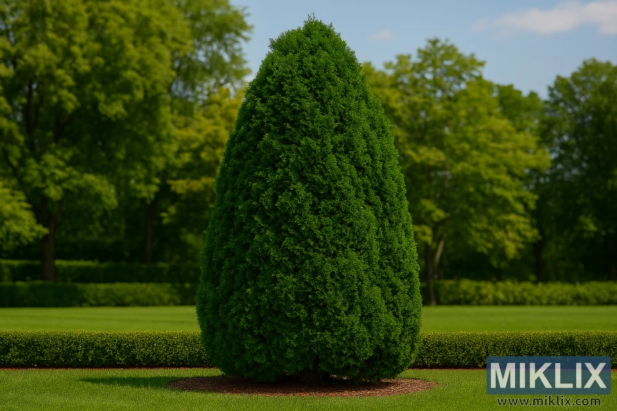 Mature Techny Arborvitae tree with dark green foliage and broad pyramidal shape in a landscaped garden Mature Techny Arborvitae tree with dark green foliage and broad pyramidal shape in a landscaped garden