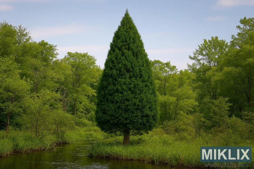 Mature American Arborvitae tree with dense green foliage in a wetland forest surrounded by native vegetation and a meandering stream Mature American Arborvitae tree with dense green foliage in a wetland forest surrounded by native vegetation and a meandering stream