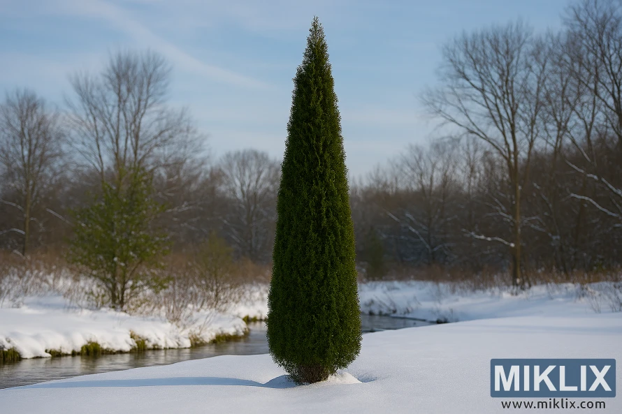 Tall, narrow North Pole Arborvitae tree with dense green foliage standing in a snowy landscape surrounded by bare deciduous trees Tall, narrow North Pole Arborvitae tree with dense green foliage standing in a snowy landscape surrounded by bare deciduous trees