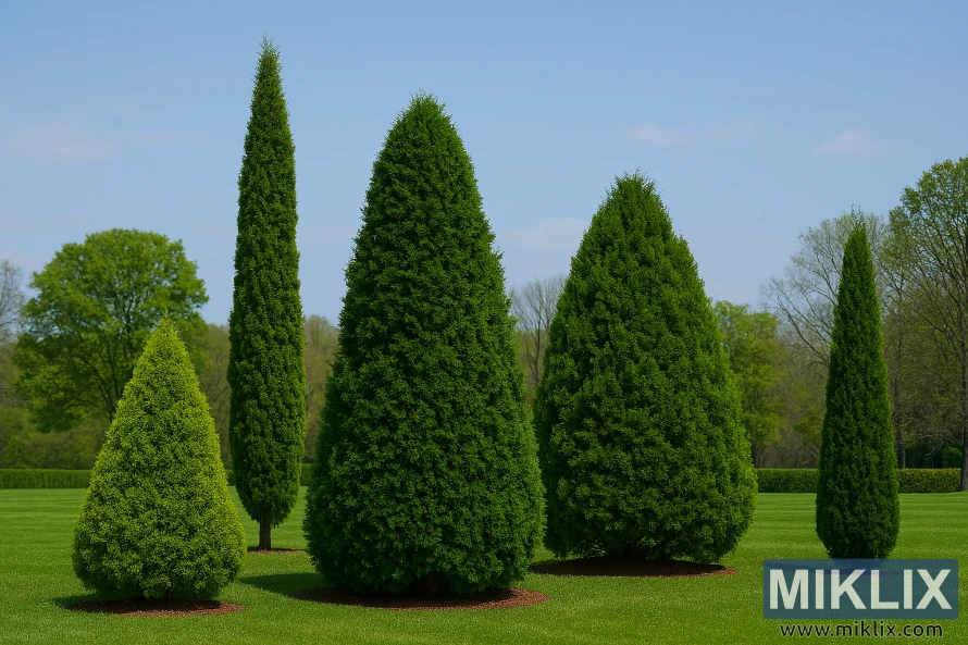Five Arborvitae trees of varying sizes and shapes arranged side by side on a lawn for visual comparison Five Arborvitae trees of varying sizes and shapes arranged side by side on a lawn for visual comparison
