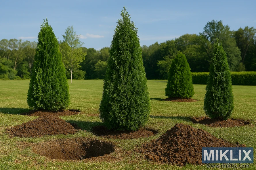 Three Arborvitae trees spaced evenly with freshly dug planting holes in a grassy field under a clear blue sky Three Arborvitae trees spaced evenly with freshly dug planting holes in a grassy field under a clear blue sky