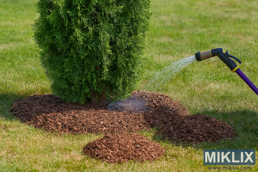 Mature Arborvitae tree with mulch ring and garden hose watering the base in a landscaped garden Mature Arborvitae tree with mulch ring and garden hose watering the base in a landscaped garden