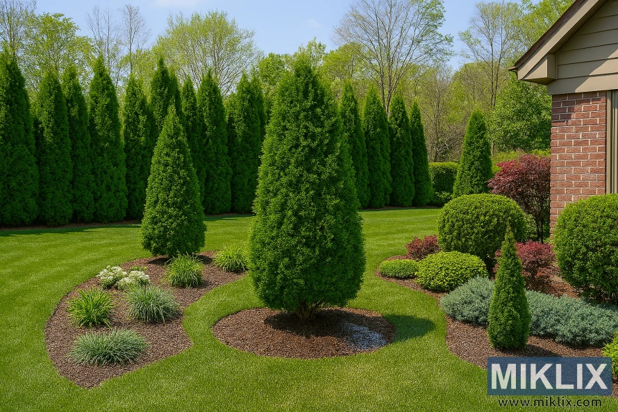 Arborvitae trees used as privacy screens, accent plants, and foundation plantings in a landscaped suburban garden Arborvitae trees used as privacy screens, accent plants, and foundation plantings in a landscaped suburban garden