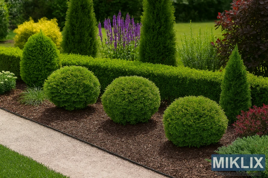 Compact globe-shaped Arborvitae shrubs arranged in a formal garden bed with mulch, boxwood hedges, and flowering perennials Compact globe-shaped Arborvitae shrubs arranged in a formal garden bed with mulch, boxwood hedges, and flowering perennials