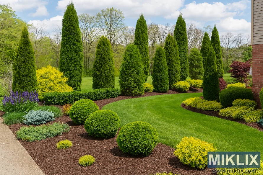 Beautiful garden featuring various Arborvitae trees used as privacy screens, accent plants, and foundation shrubs with complementary foliage Beautiful garden featuring various Arborvitae trees used as privacy screens, accent plants, and foundation shrubs with complementary foliage