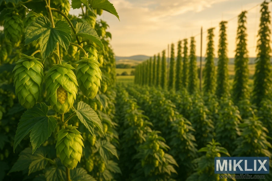 A vibrant hop field bathed in golden light, with ripe green cones in the foreground and rows of tall hop plants stretching toward distant hills under a warm evening sky.