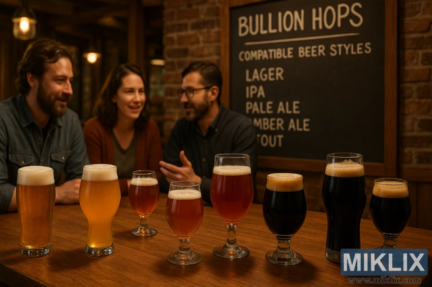 Beer enthusiasts discuss craft brews at a warm, rustic pub table lined with lagers, ales, and stouts highlighting Bullion hops, beneath a chalkboard listing compatible beer styles.