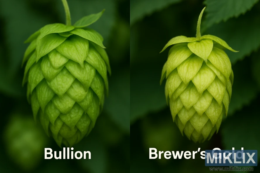 Side-by-side close-up of Bullion and Brewer’s Gold hop cones showing differences in cone size, color, and bract structure against a blurred green background.