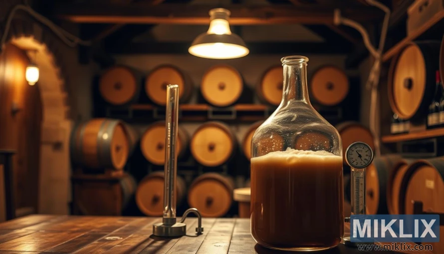 A warmly lit monastic cellar with a bubbling glass carboy on a wooden table, surrounded by brewing instruments and oak barrels in the background.