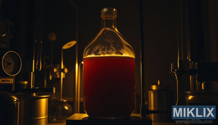 A dimly lit laboratory with a glowing glass carboy of amber liquid surrounded by scientific instruments and pressure gauges, illuminated by warm golden light.