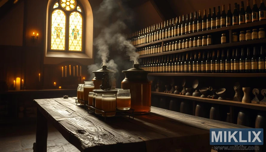 A monastery brewing room glowing with candlelight, where steaming fermentation vessels rest on a wooden table beneath shelves of aging bottles and a stained glass window.