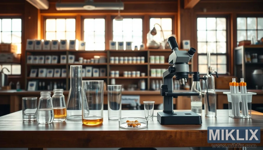 A bright laboratory with a wooden table holding glassware, a microscope, and yeast samples, surrounded by shelves of brewing supplies and warm natural light.
