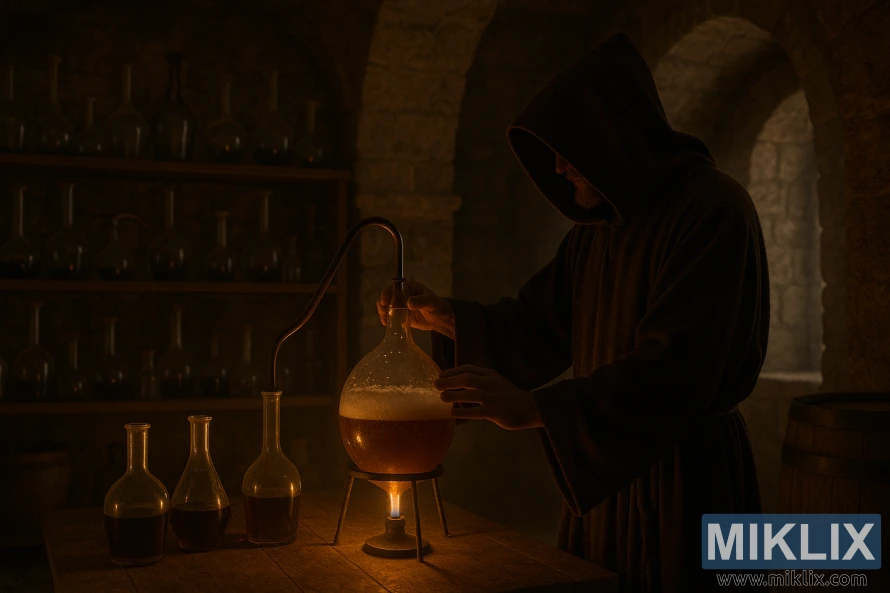 A hooded monk in a dimly lit stone laboratory tends to a glowing fermentation vessel amid shelves of glass flasks and warm candlelight.