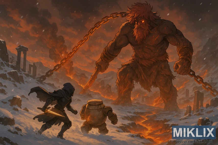 A cloaked warrior wielding a glowing blade stands beside a jar-shaped companion, facing a massive fiery giant bound by chains amid a snow-covered volcanic landscape. A cloaked warrior wielding a glowing blade stands beside a jar-shaped companion, facing a massive fiery giant bound by chains amid a snow-covered volcanic landscape.
