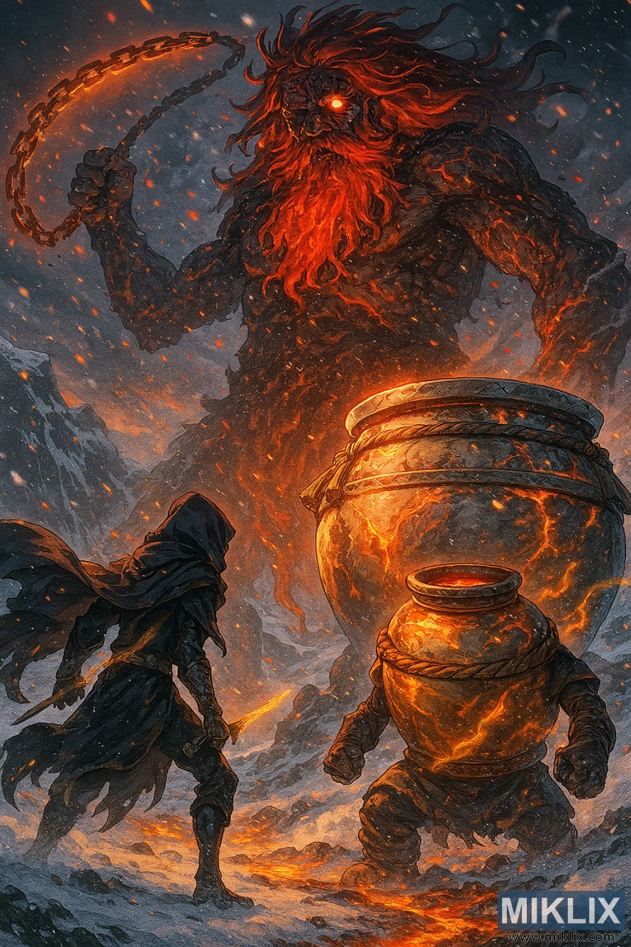 Anime-style illustration of Alexander the Warrior Jar and a Black Knife Assassin facing the towering Fire Giant in a snowy volcanic battlefield. Anime-style illustration of Alexander the Warrior Jar and a Black Knife Assassin facing the towering Fire Giant in a snowy volcanic battlefield.