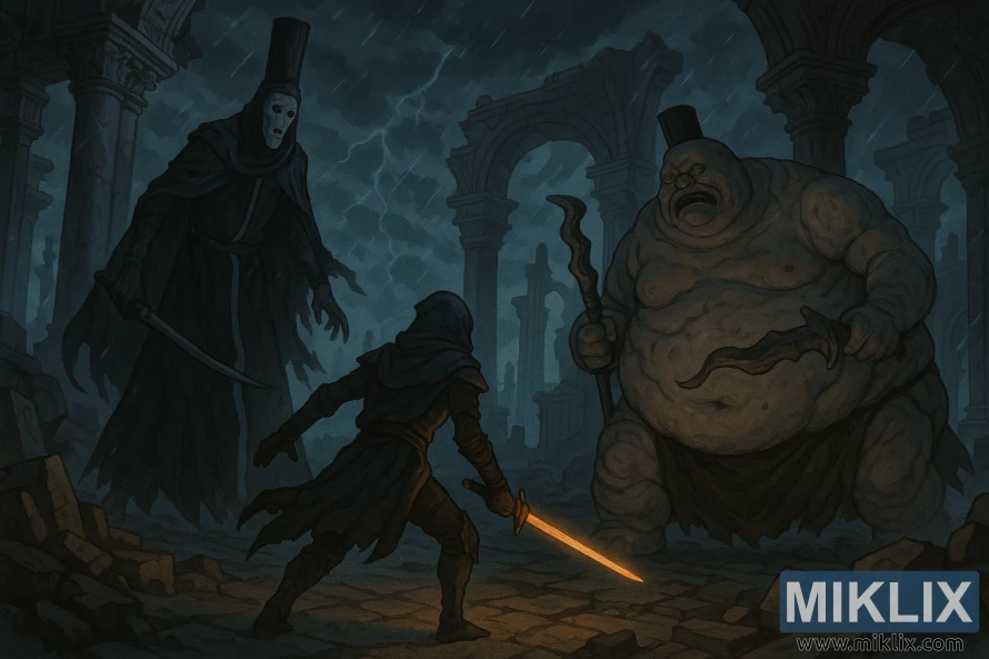 A cloaked warrior with a glowing sword faces the Godskin Duo in the ruined Dragon Temple of Crumbling Farum Azula, under stormy skies filled with lightning and decay. A cloaked warrior with a glowing sword faces the Godskin Duo in the ruined Dragon Temple of Crumbling Farum Azula, under stormy skies filled with lightning and decay.