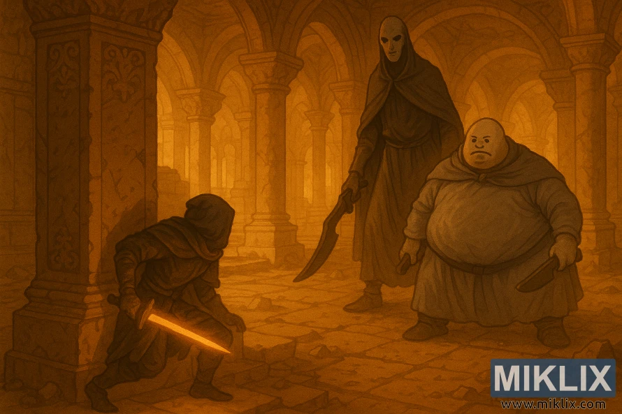 A hooded warrior in Black Knife armor hides behind a pillar, sword glowing gold, as the Godskin Duo—one tall and thin, the other short and bloated—approach amid the golden ruins of the Dragon Temple. A hooded warrior in Black Knife armor hides behind a pillar, sword glowing gold, as the Godskin Duo—one tall and thin, the other short and bloated—approach amid the golden ruins of the Dragon Temple.