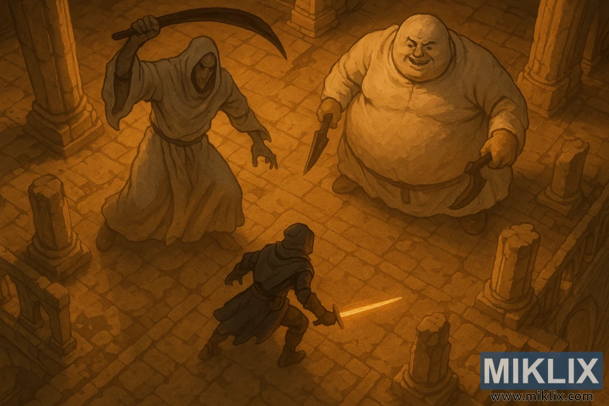 A hooded warrior in Black Knife armor faces the towering Godskin Duo in a golden-lit ruined temple, as the tall Apostle swings his curved blade and the massive Noble flanks with twin daggers. A hooded warrior in Black Knife armor faces the towering Godskin Duo in a golden-lit ruined temple, as the tall Apostle swings his curved blade and the massive Noble flanks with twin daggers.